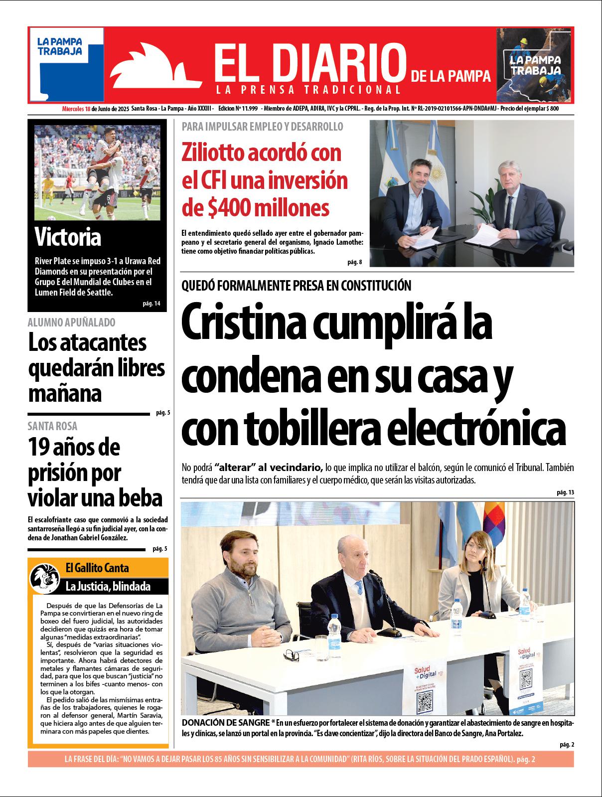 Tapa de El Diario en papel  mieacutercoles 18 de junio de 2025